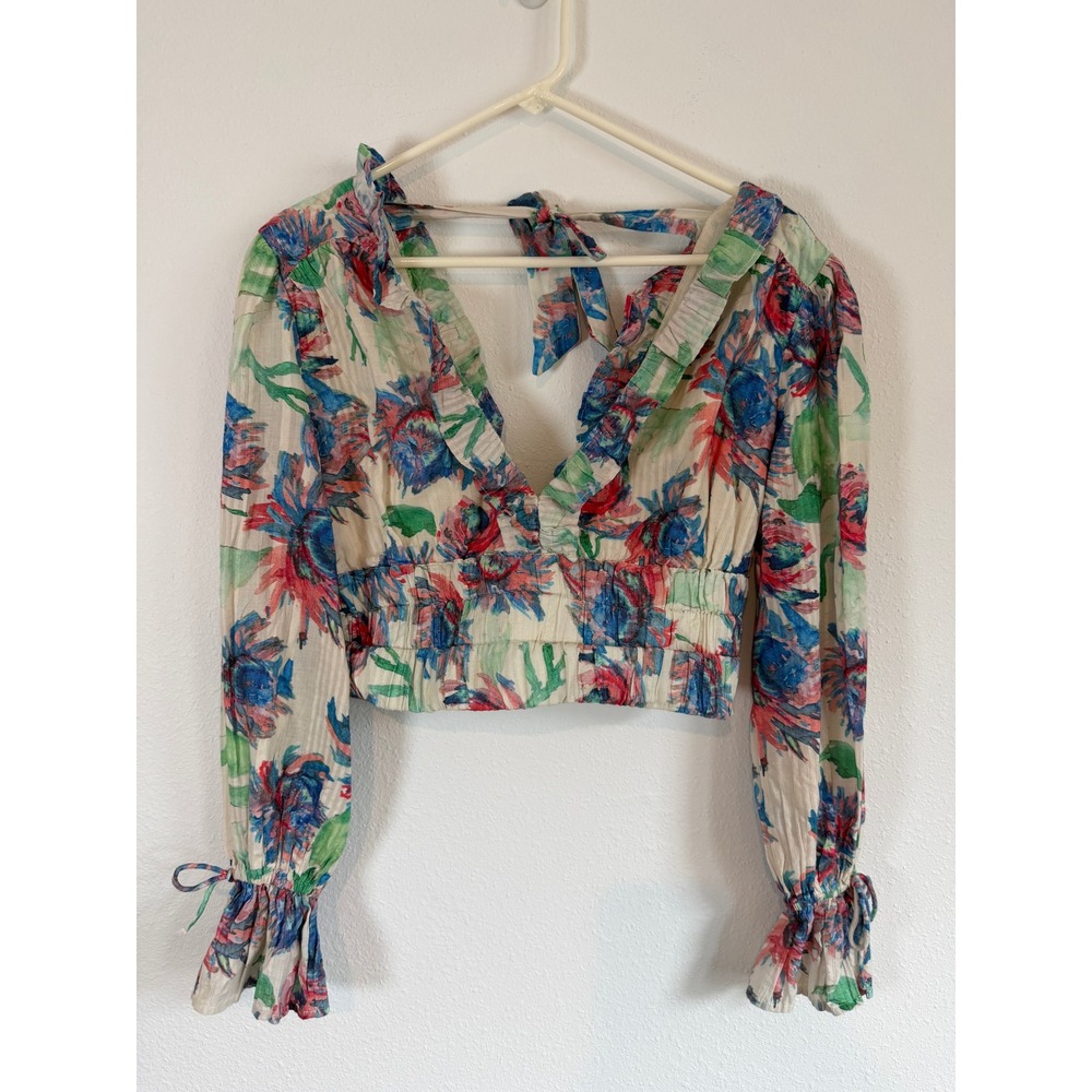 Anthropologie Floral Ruffle Crop Top Blue Red V-Neck Smocked Waist Small